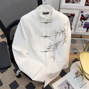 新中式复古立领翠竹风西服外套男小众金属飞机扣装饰上衣XY688图片