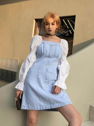 韩版牛仔拼接修身连衣裙，女装连衣裙，H101