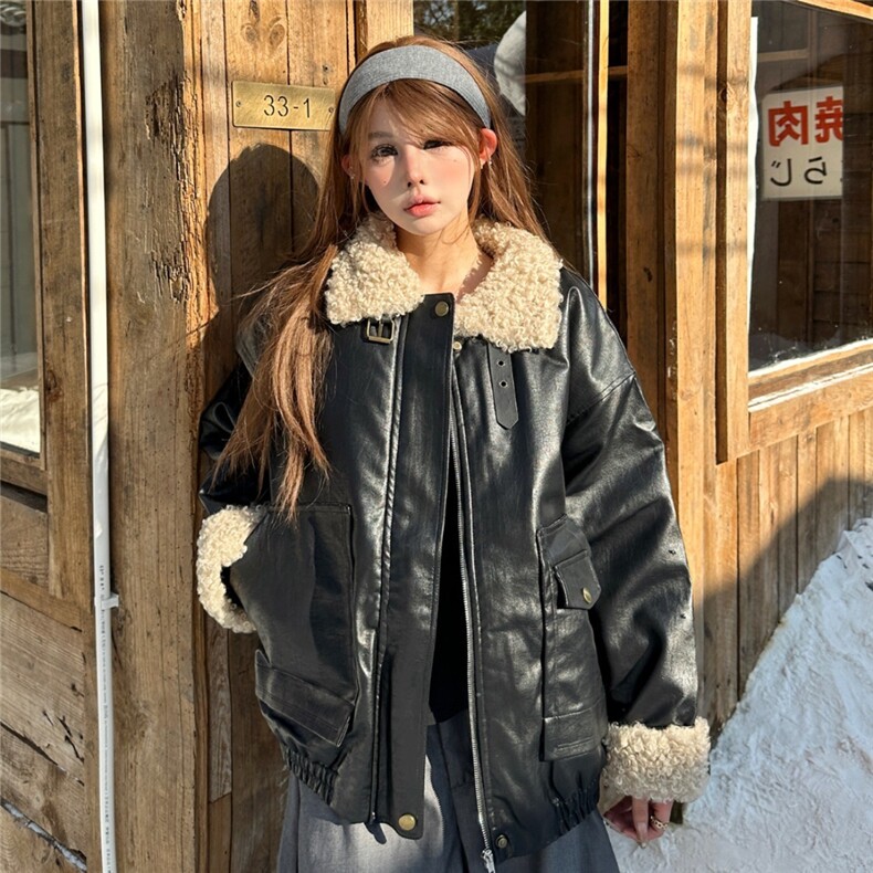 美式复古夹棉加厚皮衣外套男女痞帅情侣羊羔毛拼接皮棉服图片