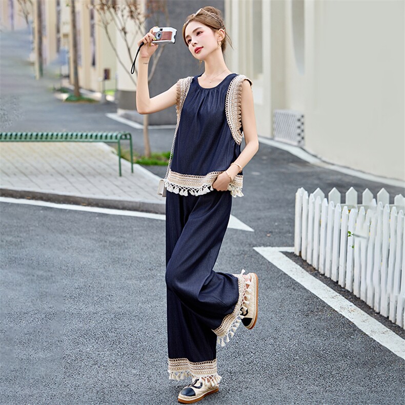 度假风蕾丝钩花拼接套装女2025夏季新款洋气无袖背心阔腿裤两件套,女装套装/套裙,布芭啦