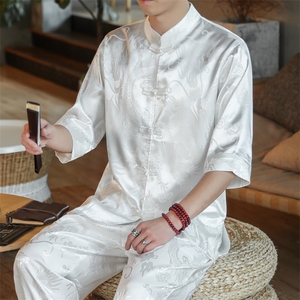 新中式衬衫男风太极汉服大码龙纹盘扣道袍短袖开衫 CS513 P35图片