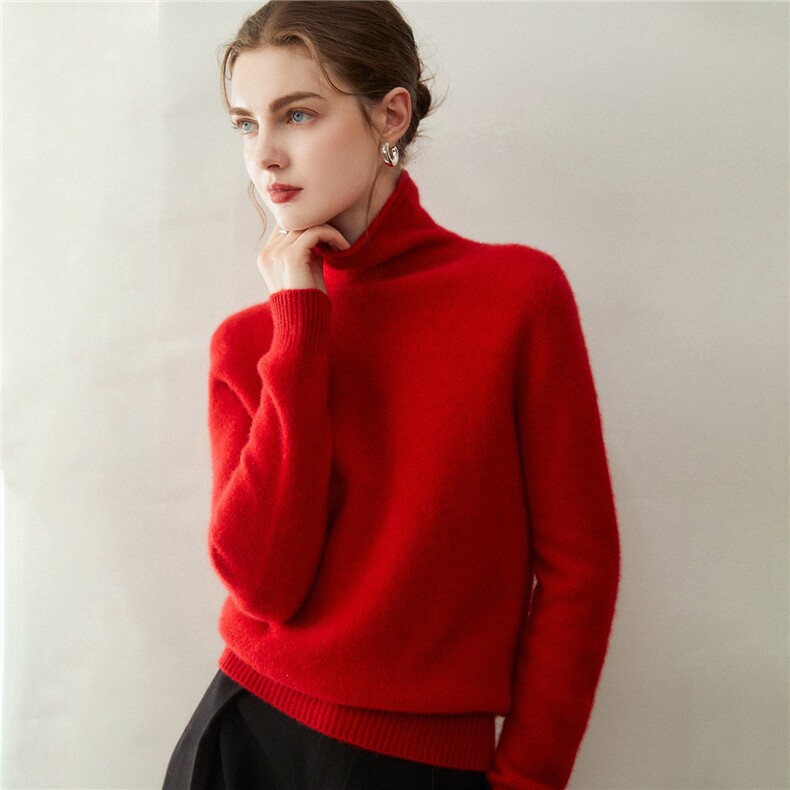 亲肤100%山羊绒衫女卷边堆堆领宽松显瘦针织打底衫毛衣内搭上衣,女装羊绒衫,米乐羊绒