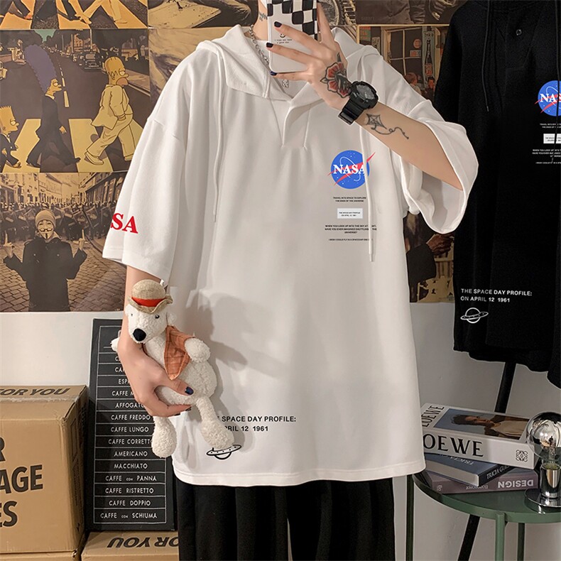 LD54243-P45 NASA连帽短袖t恤男大码胖子带帽五分袖中袖图片