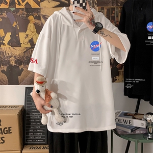 LD54243-P45 NASA连帽短袖t恤男大码胖子带帽五分袖中袖图片