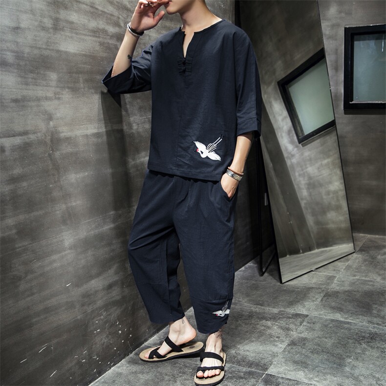 夏装短袖套装七分袖t恤大码宽松潮流风绣花男裤A809P85，男装T恤，钱塘788(原4013)