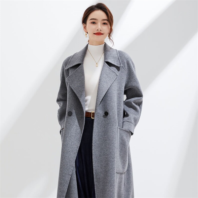 双面羊绒大衣女腰带系带中长款韩版西装领毛呢外套秋冬收腰显瘦,女装双面呢大衣,阿吉丽克