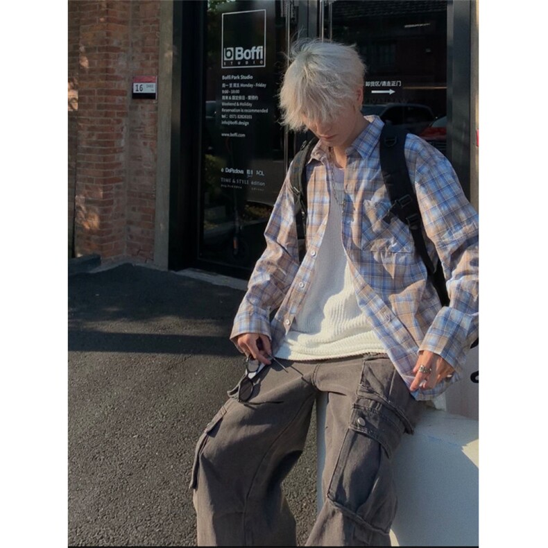 美式潮牌扎染格子防晒长袖衬衫男宽松休闲潮流百搭外套MS111-p45,男装防晒衣,星座1008
