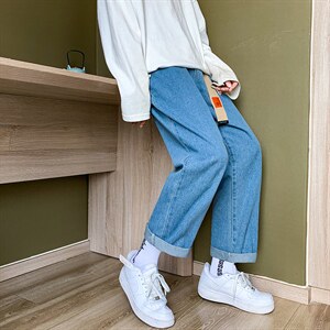 送腰带~直筒牛仔裤男直筒阔腿长裤ins宽松九分裤子A080-9258-P35,男装牛仔裤,电商A080