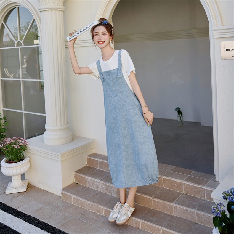 淡蓝色牛仔背带连衣裙两件套女夏季巨好看学院风减龄韩系套装chic,女装套装/套裙,慧尚依恋