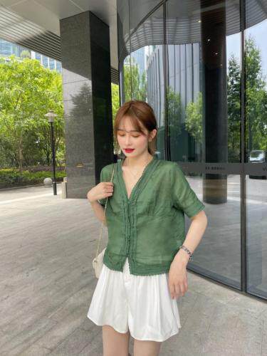 棉麻拼花边小衫，女装，E·风尚