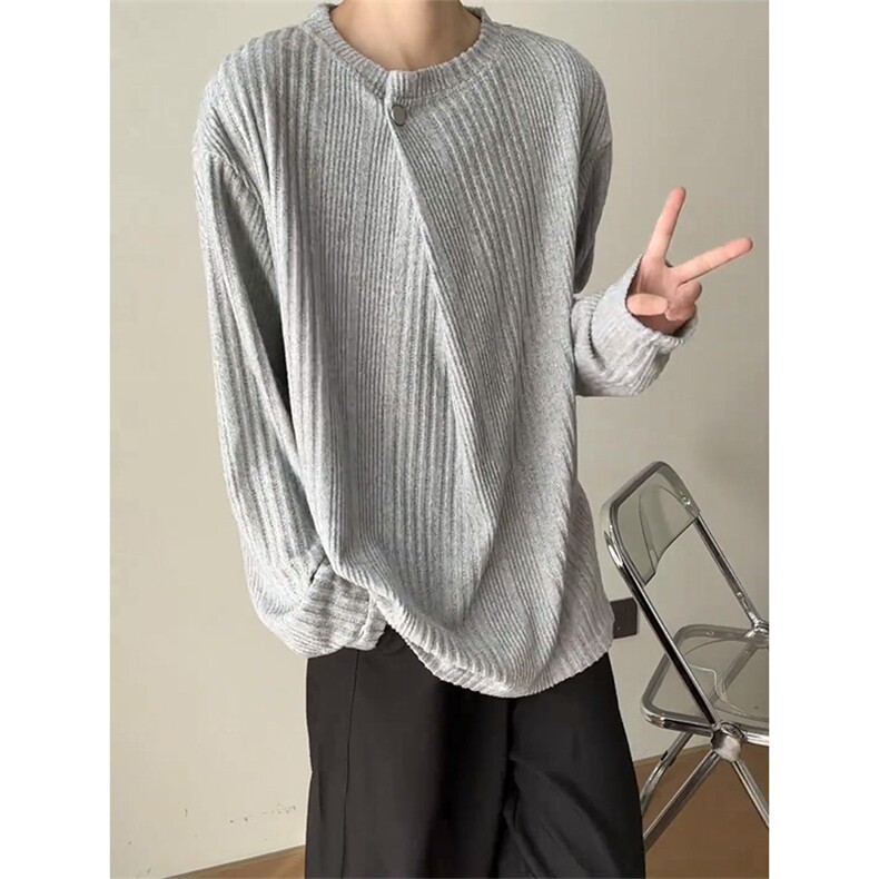 灰色老钱风针织卫衣男款秋季美式慵懒风长袖t恤设计感内搭打底衫，男装T恤，星座506A