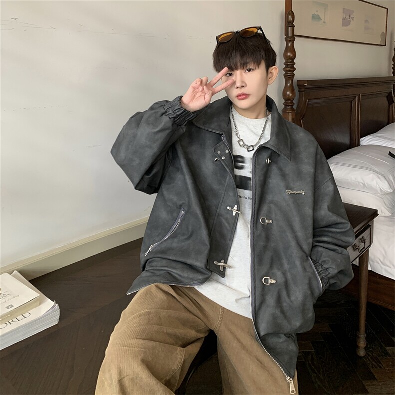 港风夹克男大码M-5XL夹克情侣男女水洗雪花皮衣男JK8741P130控168，男装皮衣，星座227-7