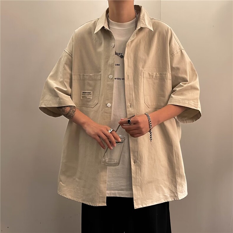 短袖衬衫男夏季潮牌日系宽松潮流衬衣休闲工装外套上衣CY256-P30,男装T恤,星座412