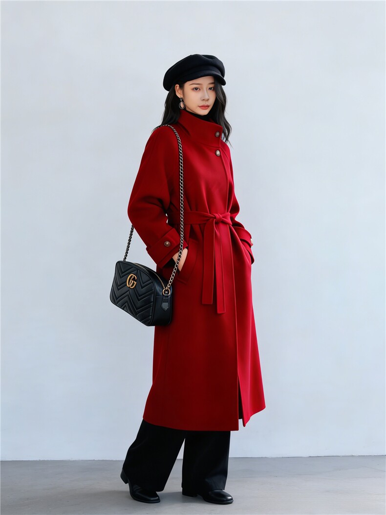 红色羽绒内胆毛呢外套女长款2025冬季新款时尚加厚赫本风呢子大衣,女装毛呢外套,纪茹