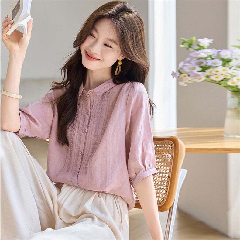 刺绣苎麻短袖衬衫女2025新款夏薄款宽松显瘦气质亚麻漂亮减龄小衫,女装衬衫,希欧阁
