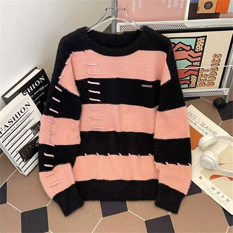 冬季长袖宽松型青少年男士设计感潮流撞色条纹套头毛衣常规圆领，男装针织衫/毛衣，星座1013
