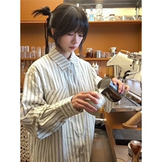 美式长袖条纹衬衫男潮牌宽松休闲学院衬衣外套情侣上衣L32088-P48，男装衬衫，星座1008