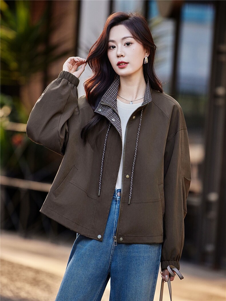 高级感格子拼接抽绳立领短款夹克外套女2025秋季宽松时尚洋气上衣,女装短外套,靓衣阁
