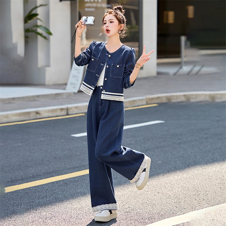 蕾丝拼接牛仔套装女2025春季新款穿搭时尚牛仔外套阔腿长裤两件套,女装套装/套裙,贵人树