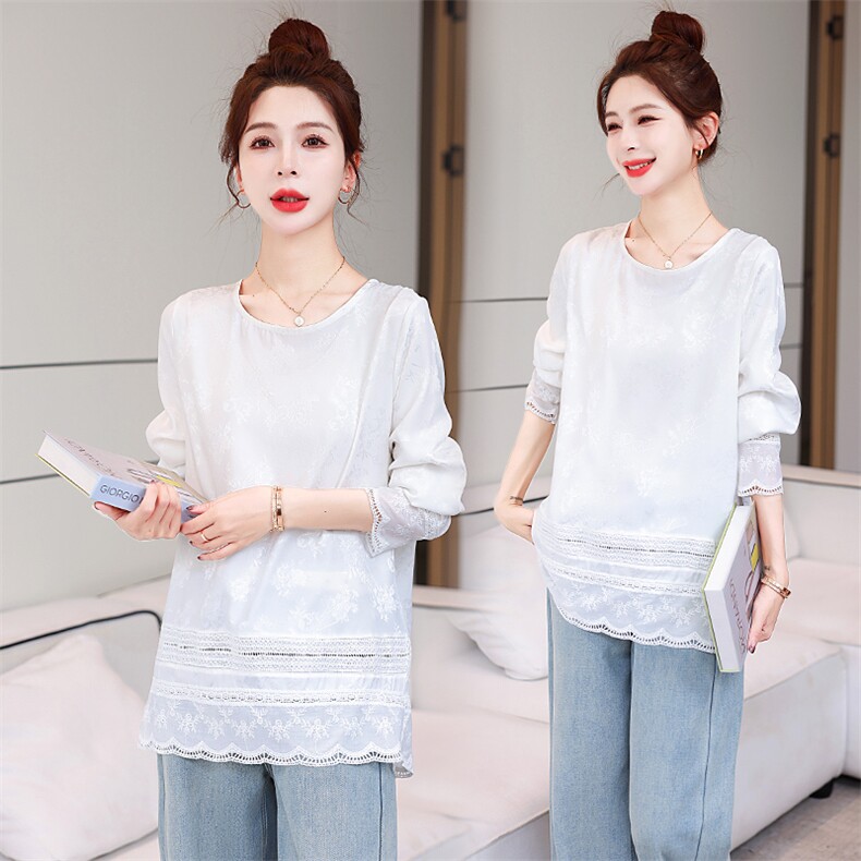 春夏小白衫圆领长袖打底上衣袖口下摆镂空花边时尚减龄甜美通勤，女装衬衫，韩美纤衣
