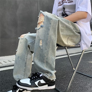 高街vibe风直筒割破洞牛仔长裤hiphop男女休闲裤N09046-P45图片