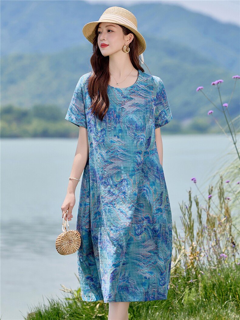 时尚印花圆领棉麻连衣裙女2026夏薄款舒适小个子休闲宽松显瘦裙子,女装连衣裙,倪叶myz