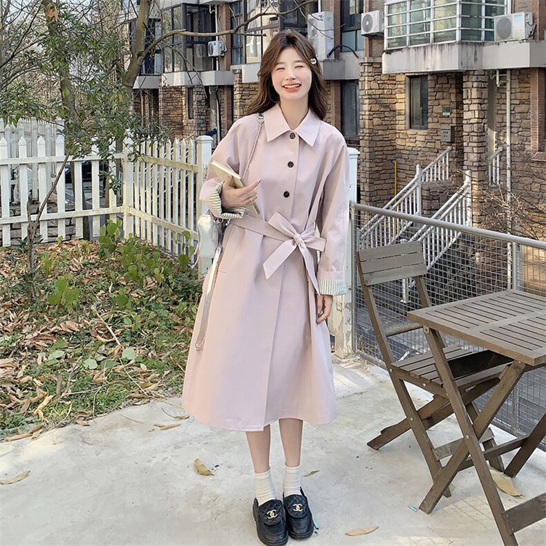 粉色甜美减龄风衣外套女2025年秋季新款韩版中长款系带收腰大衣图片
