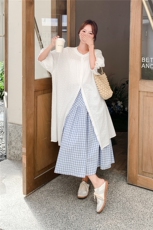松弛感圆领衬衫连衣裙两件套女2025夏新款超火流行叠穿格子半身裙，女装套装/套裙，2C201
