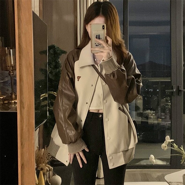拼接PU皮美式复古刺绣棒球服外套女春秋韩版夹克上衣C489-P80,男装夹克,星座911-2(原星座613-2）