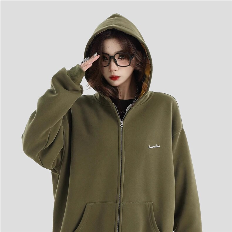 潮牌情侣美式假两件拼接格子卫衣宽松加绒开衫外套WB506-P52，女装短外套，星座412-3