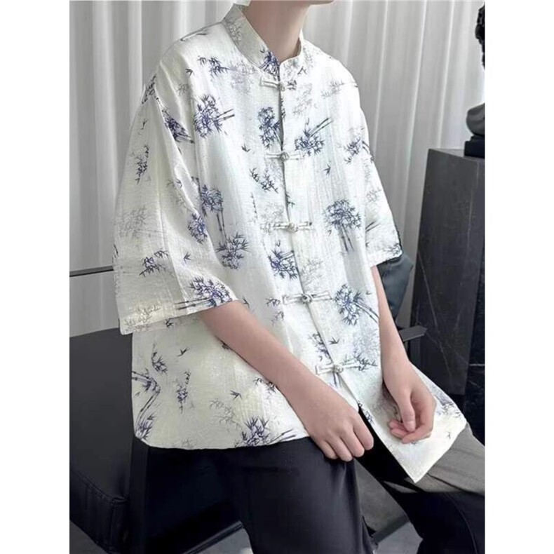 风盘扣短袖衬衫男夏季潮牌新中式竹子印花五分袖衬衣WA1285-P32图片