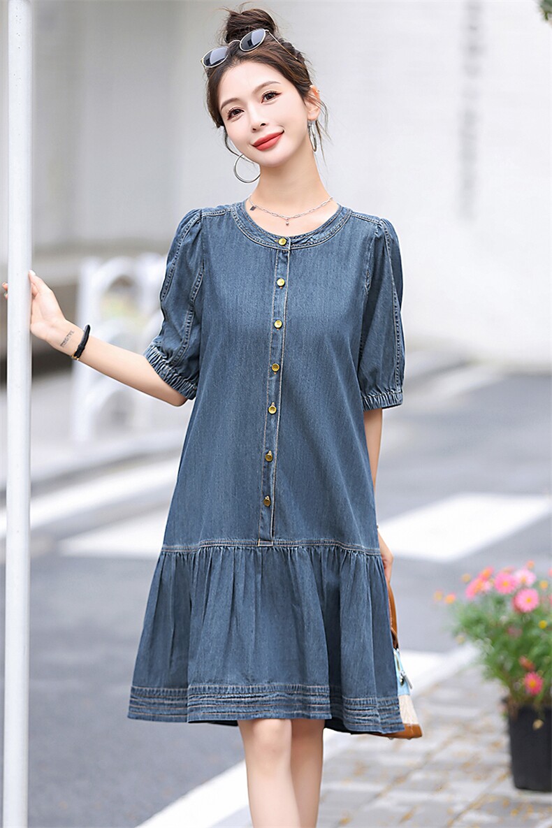 复古宽松薄款夏天牛仔裙连衣裙2025新款女减龄休闲大码中长裙子潮,女装连衣裙,钱塘布衣