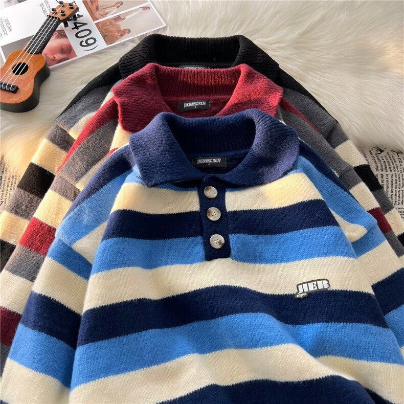 ins港风条纹学生毛衣男秋冬季韩版宽松风潮流情侣针织衫M44A/P53,男装针织衫/毛衣,星座506B