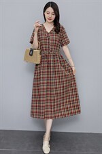 现货，2022年夏季新款女装时尚文艺休闲棉麻连衣裙格子，女装连衣裙，依万里