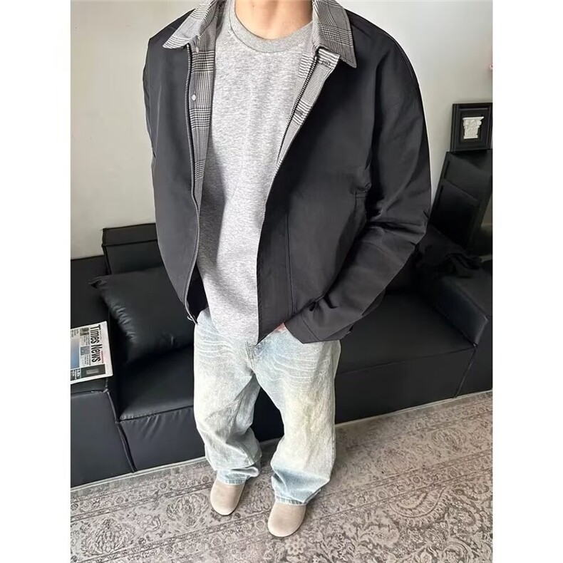 复古格纹拼接假两件棉服外套男女春秋冬季加厚保暖棒球服夹克翻领,男装夹克,星座506A