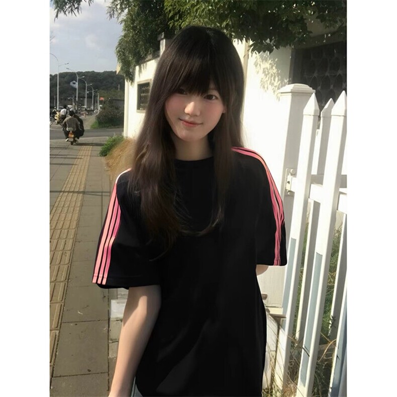 抖音得物品质二开240克宽松纯棉美式潮牌印花三条杠中性风短袖T恤,男装T恤,电商A486-1