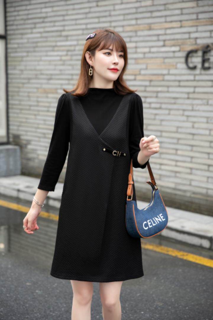 秋装新款上市：针织玻萝纹面料拼接连衣裙M一XXL，女装连衣裙，拉思维加丝