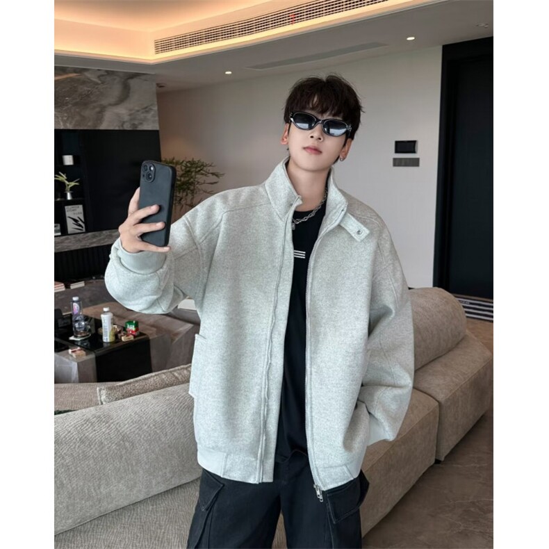 秋季休闲垫肩开衫夹克男宽松设计感短款立领运动卫衣W9334/P75,男装夹克,星座506