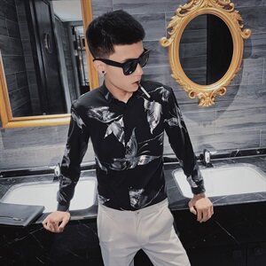 秋季长袖衬衫社会小伙蝴蝶印花发型师个性潮男衬衣C301B-CS36图片
