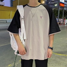 ins火撞色拼接短袖t恤男夏季潮流港风chic五分袖上衣DS343TP25，男装T恤，电商A102