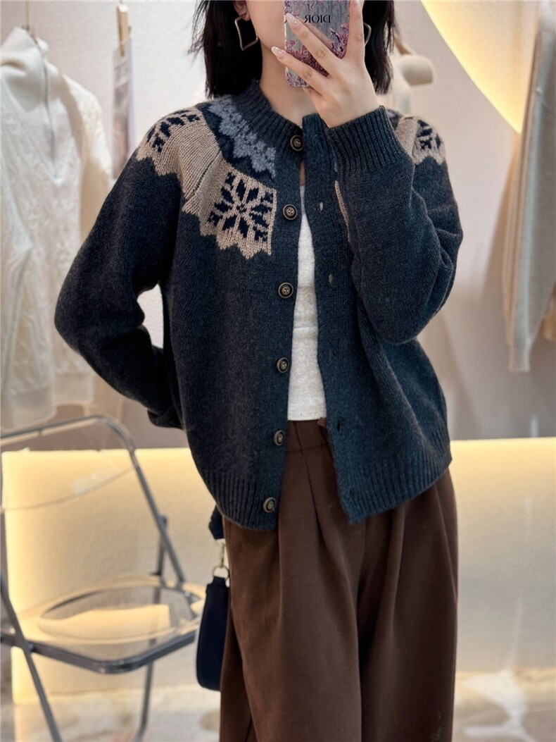 羊绒衫开衫女圆领提花费尔岛外套毛衣宽松上衣,女装羊绒衫,大千羊绒