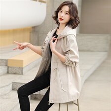 风衣女中长款2025春季新款韩版宽松连帽减龄休闲春秋工装chic外套，女装短外套，依万里