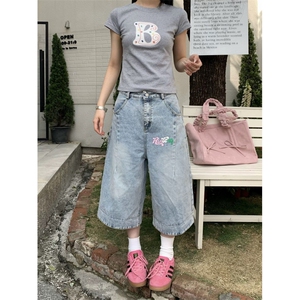 AK2284-P68美式复古牛仔七分裤女格纹拼接卷边做旧休闲短裤图片