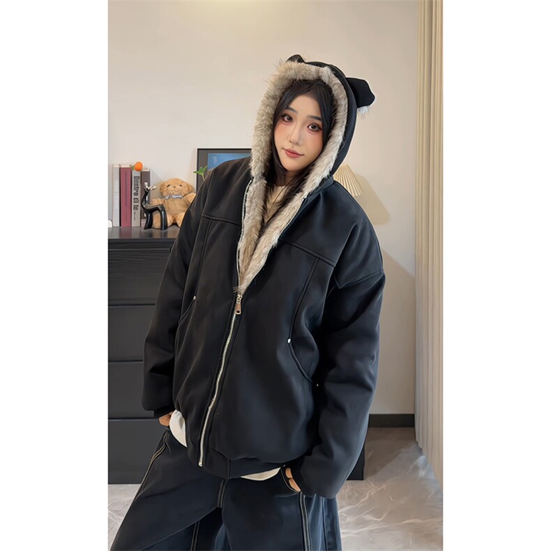 现货冬季鹿皮绒座山雕连帽猫耳朵男女情侣装棉服外套-A2350P99,男装棉衣,电商B241