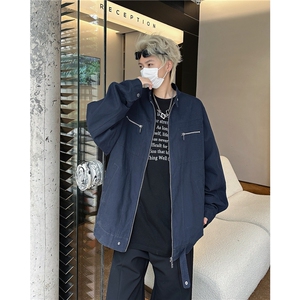 藏青色水洗牛仔外套男秋冬款美式复古立领工装哈灵顿夹克JK8968图片