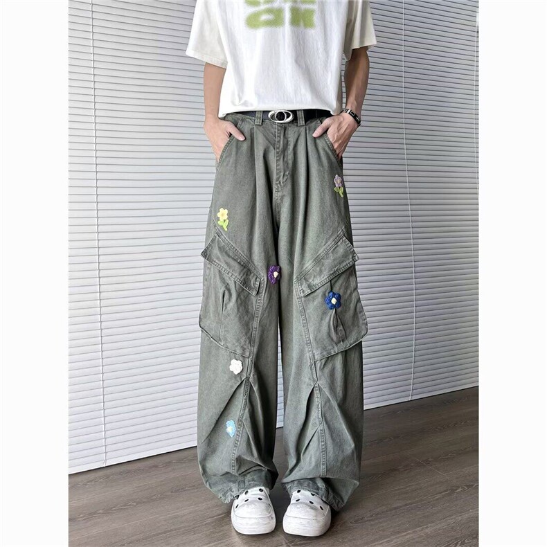 美式复古花朵刺绣工装裤女2025年春季设计感多口袋休闲阔腿牛仔裤,男装牛仔裤,星座813-2