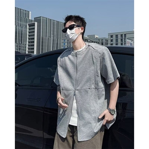 2025夏季新款男装拉链铆钉设计短袖T恤休闲肩垫男上衣ST568-P49图片