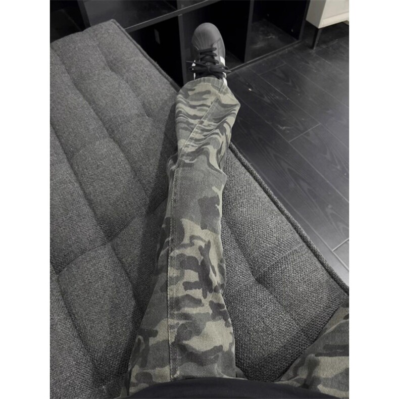 美式迷彩工装裤男生秋季高街cleanfit微喇伞兵裤高级感直筒弯刀裤,男装牛仔裤,星座1008