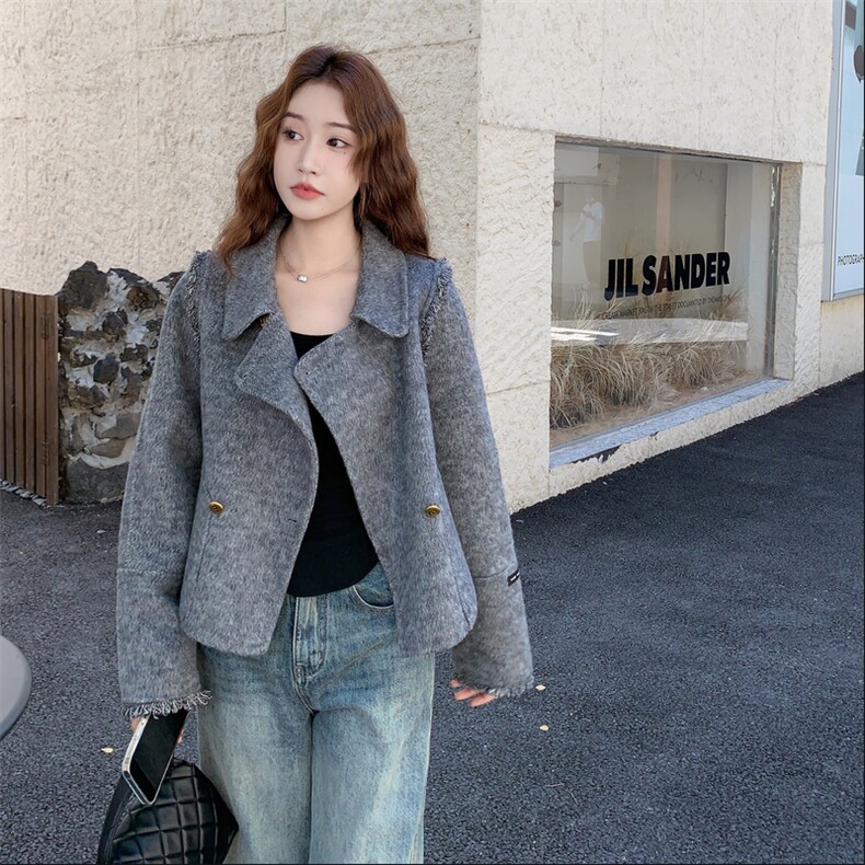 现货主推新款双面羊毛呢流苏双排扣女士精品羊毛外套,女装毛呢外套,SL