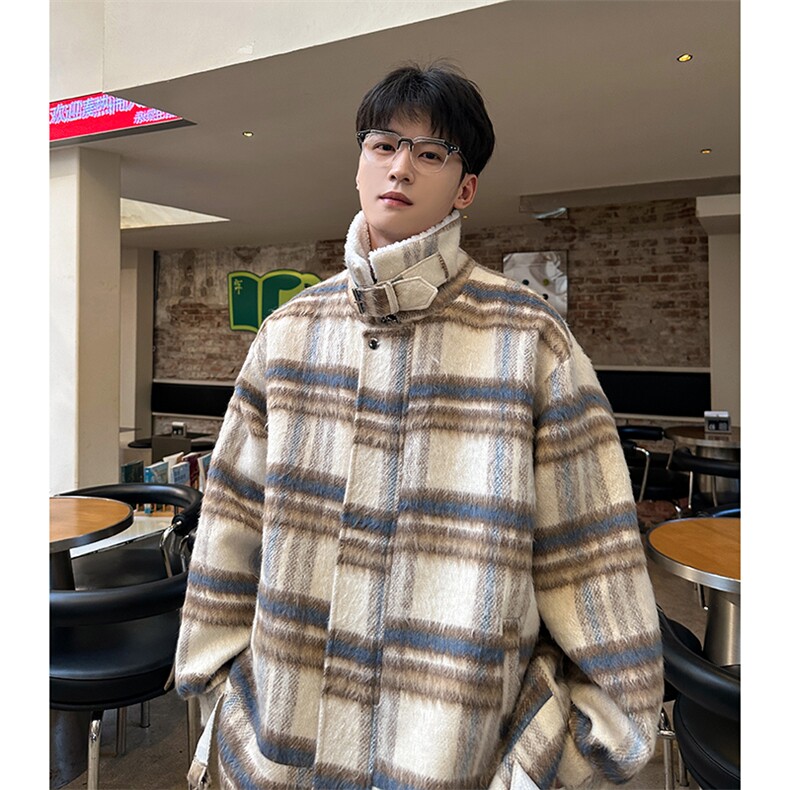 秋冬呢料格子ins加厚羊羔毛短款男保暖棉衣 A071-5011-P118图片